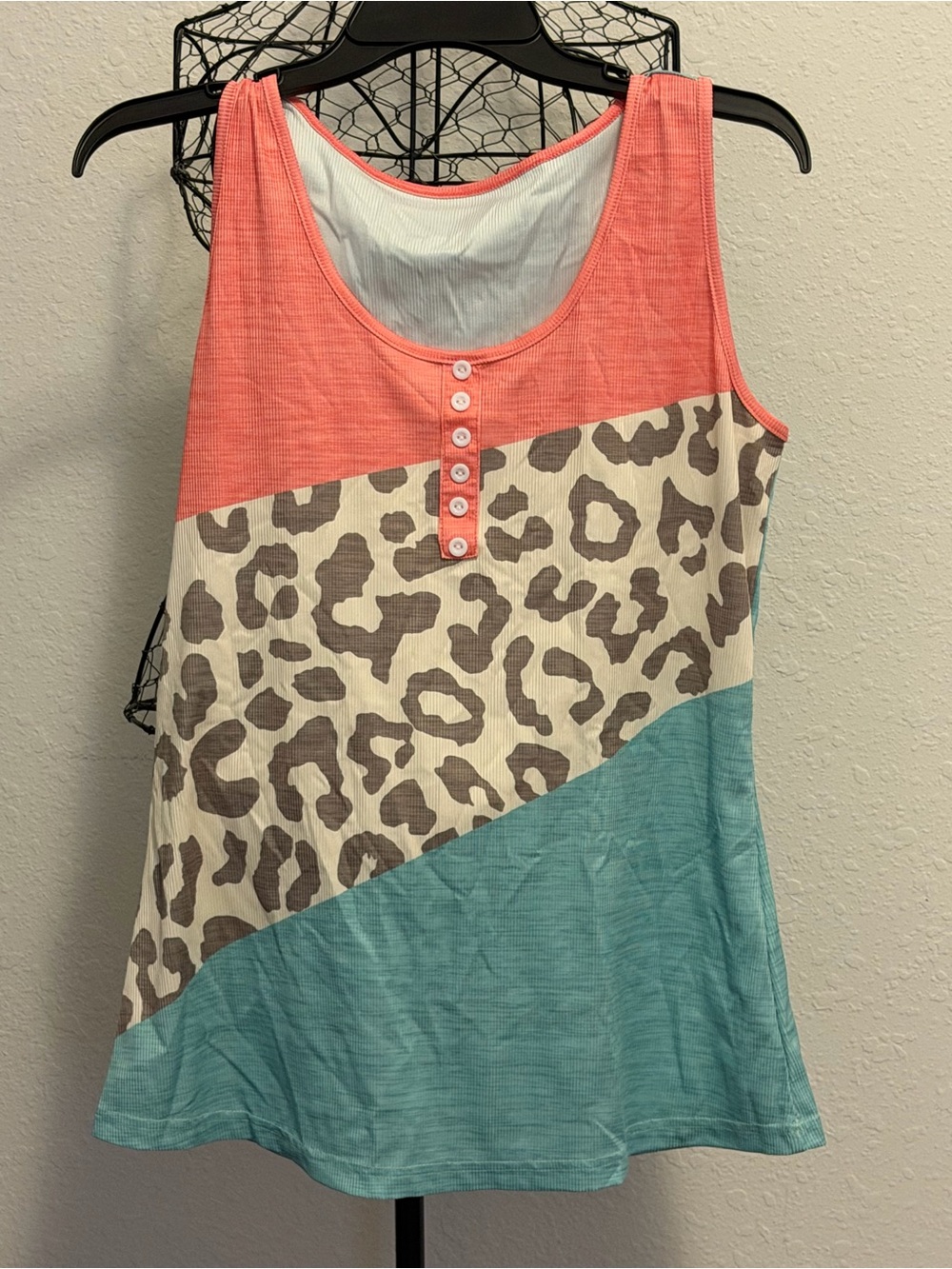 Colorblock Coral, Teal & Leopard Print Tank Top
